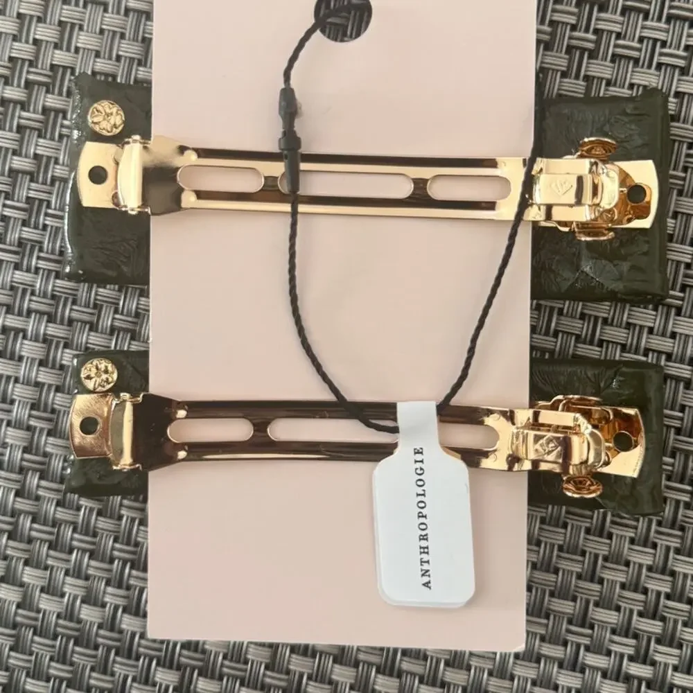 ANTHRO VIOLET & BROOKS NWT Paige Leather Barrettes Crystals Set/2 Olive Green